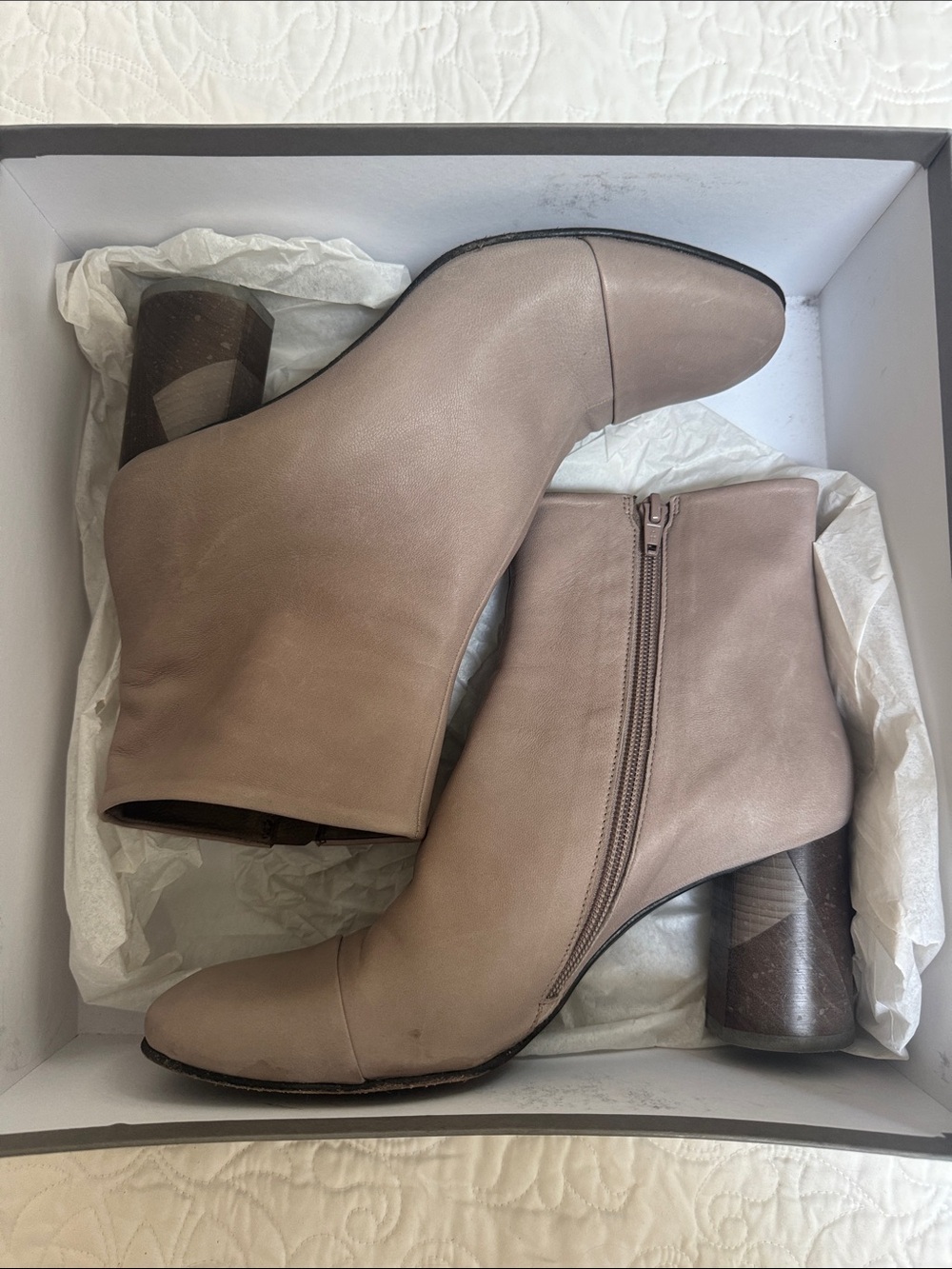 COCLICO Taupe Leather Ankle Booties with Block Heel